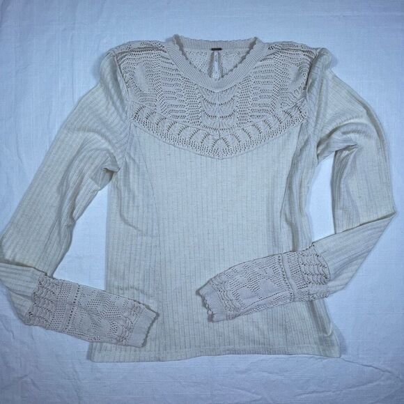 Free People Beige Linen Blend Long Sleeve Colette Knit Pullover Sweater Small - Picture 1 of 8